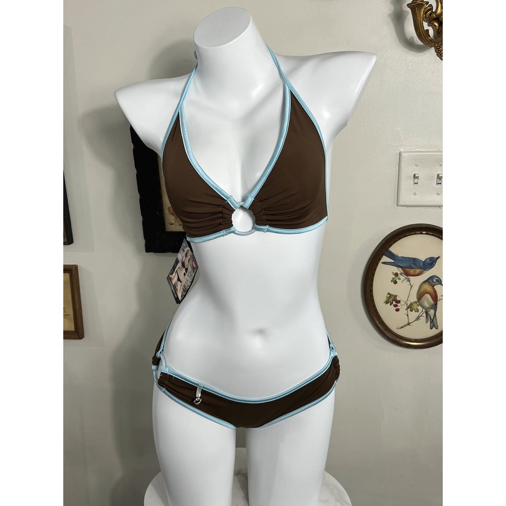 Coquette Brown Blue Microfibre Ring Halter Bikini Set Size M NWT